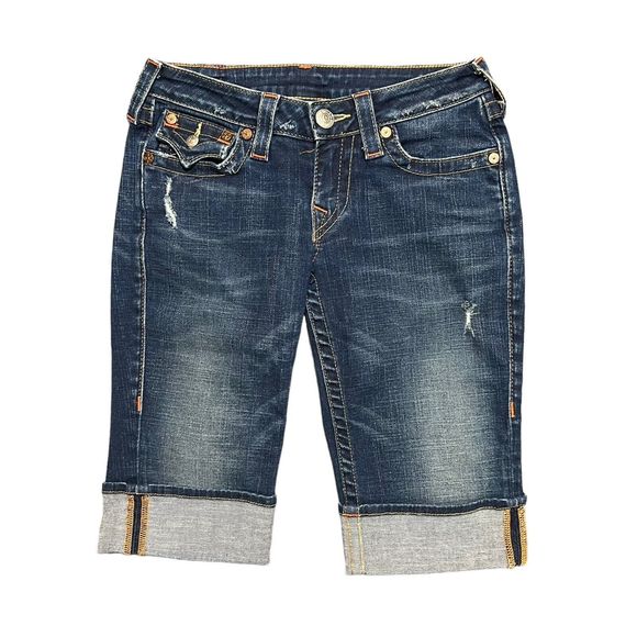 True Religion Sophie Women Size 27 Flap Pocket Denim Cuffed Bermuda Jean Shorts - Picture 1 of 7